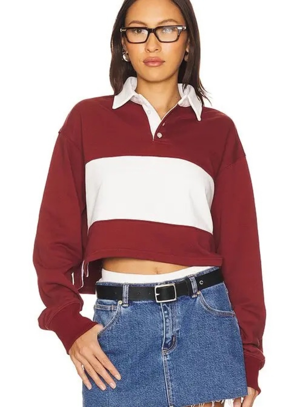 Cropped Rugby Polo Top in Burgundy and White
